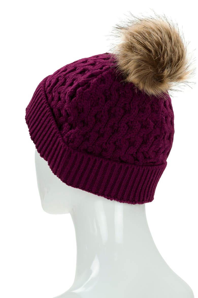 Faux Fur Pompom Beanie, Alternate, color, PLUM