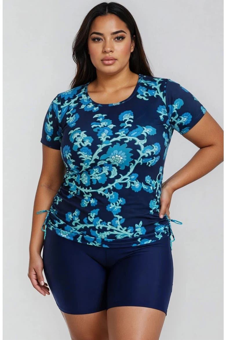 Plus Size Short Sleeve Adele Swim Top and Navy Mid-Thigh Swim Shorts Set, Main, color, Barbados Blue