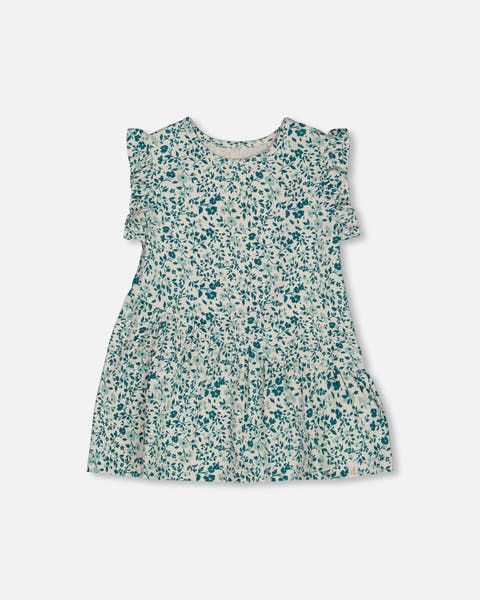 Baby Girl's Printed Organic Cotton Tunic Top Small Turquoise Flowers