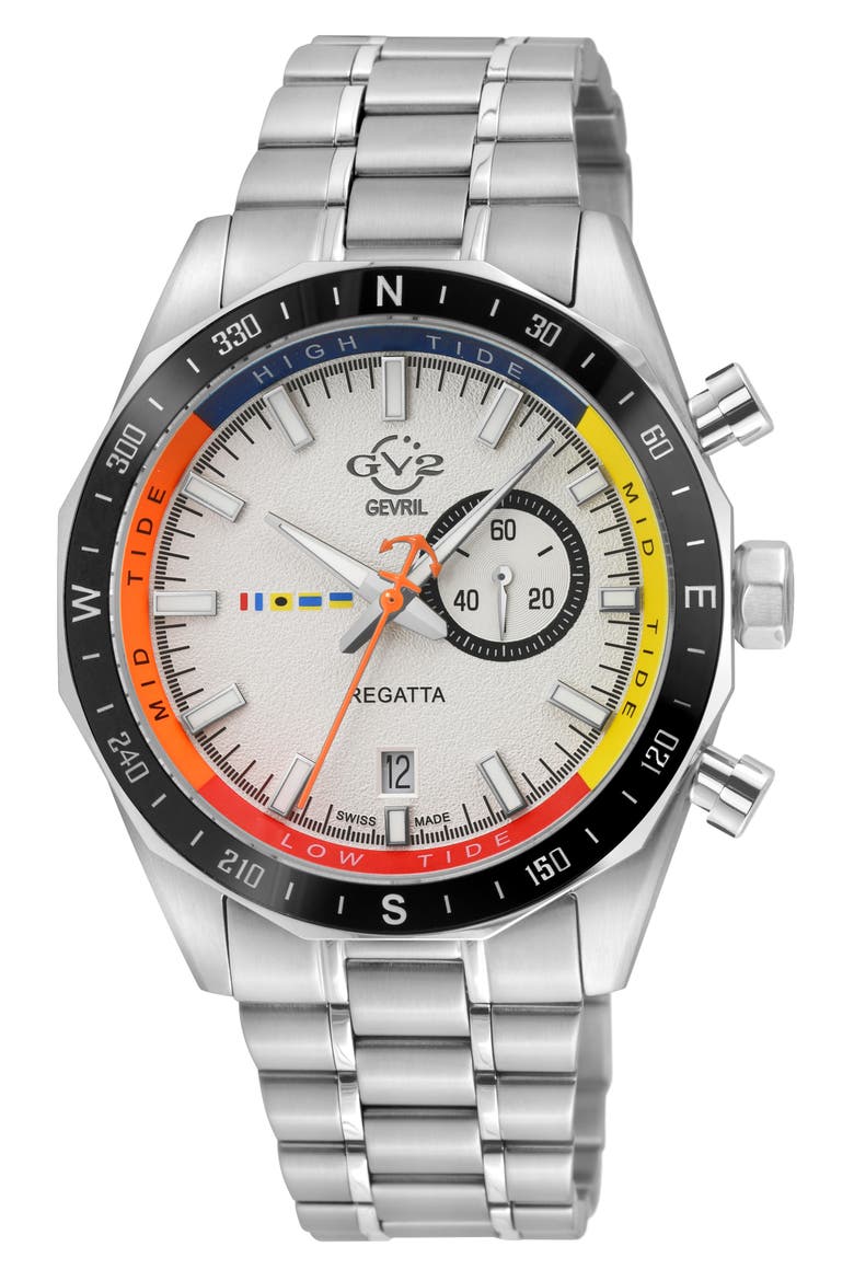 Regatta Stainless Steel Swiss Quartz Bracelet Watch, 42mm, Main, color, WHITE/ STAINLESS STEEL