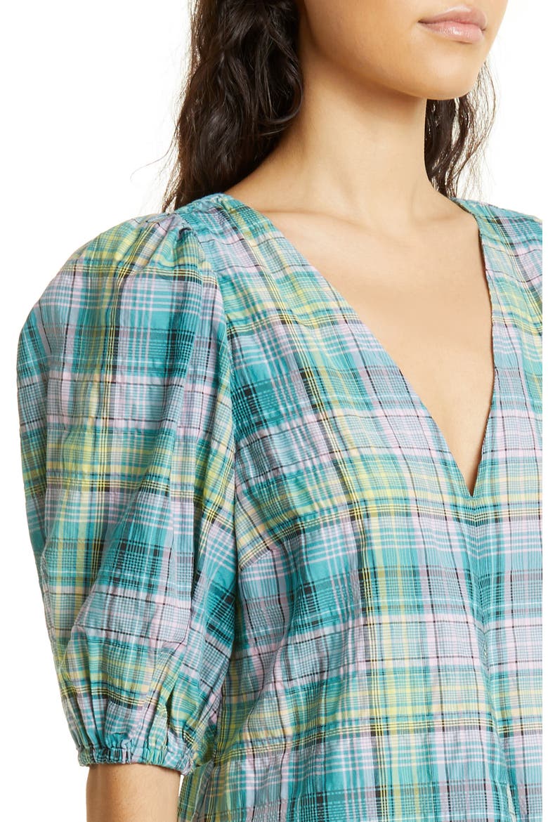 Plaid Check Organic Cotton Blend Seersucker Dress, Alternate, color, LAGOON