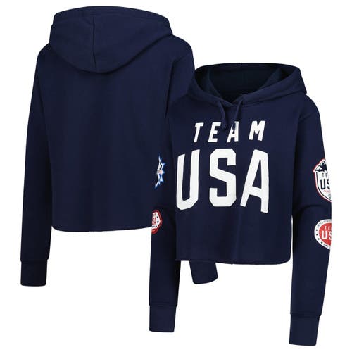 Outerstuff Women's Navy Flag Patches Fleece Cropped Pullover Hoodie In Blue