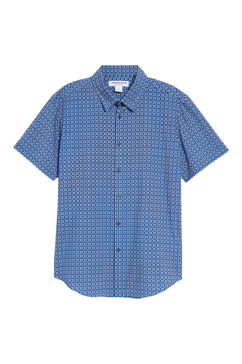Trim Fit Short Sleeve Button-Up Performance Shirt, Alternate, color, BLUE CORAL CIRCLE GEO PRINT