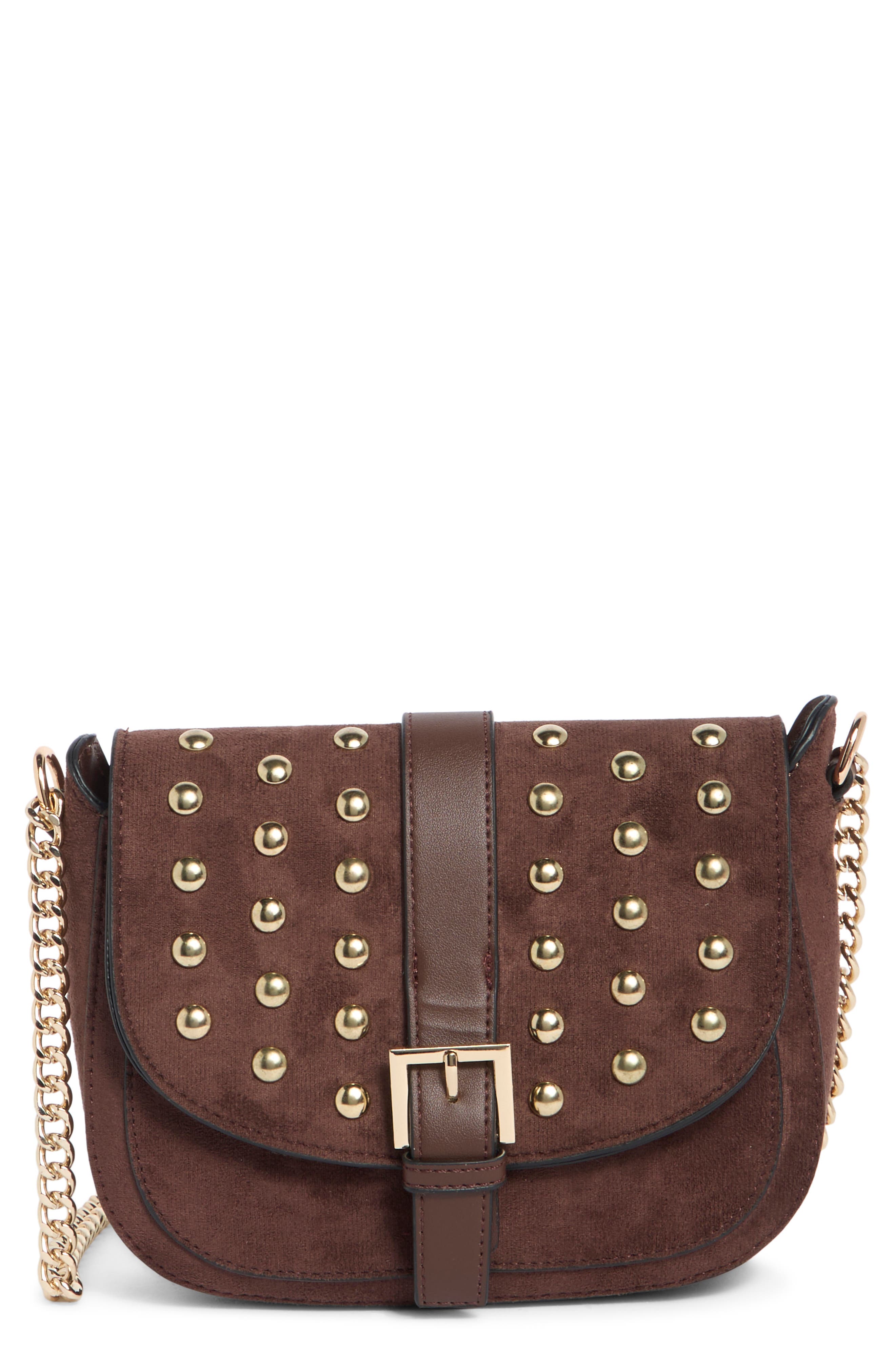 Studded Faux Suede Camera Bag, Main, color, CHOCOLATE