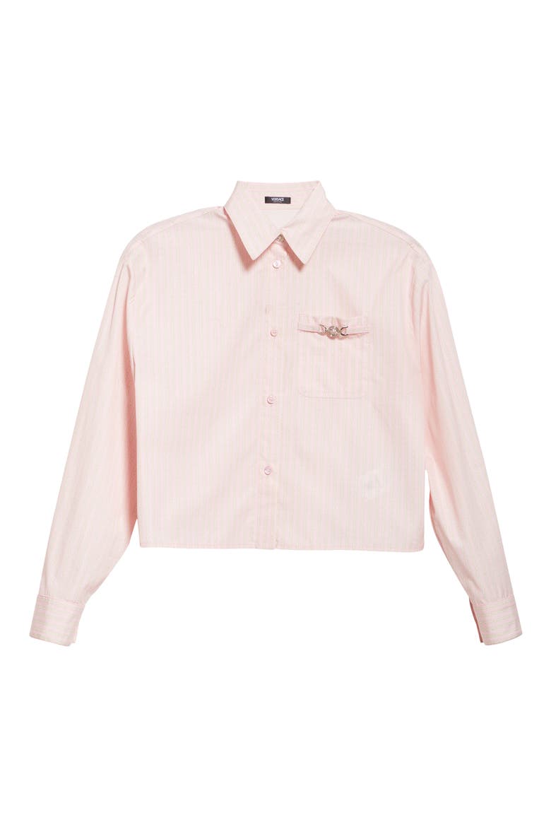 Pinstripe Chain Crop Cotton Poplin Button-Up Shirt, Alternate, color, PASTEL PINK MILK