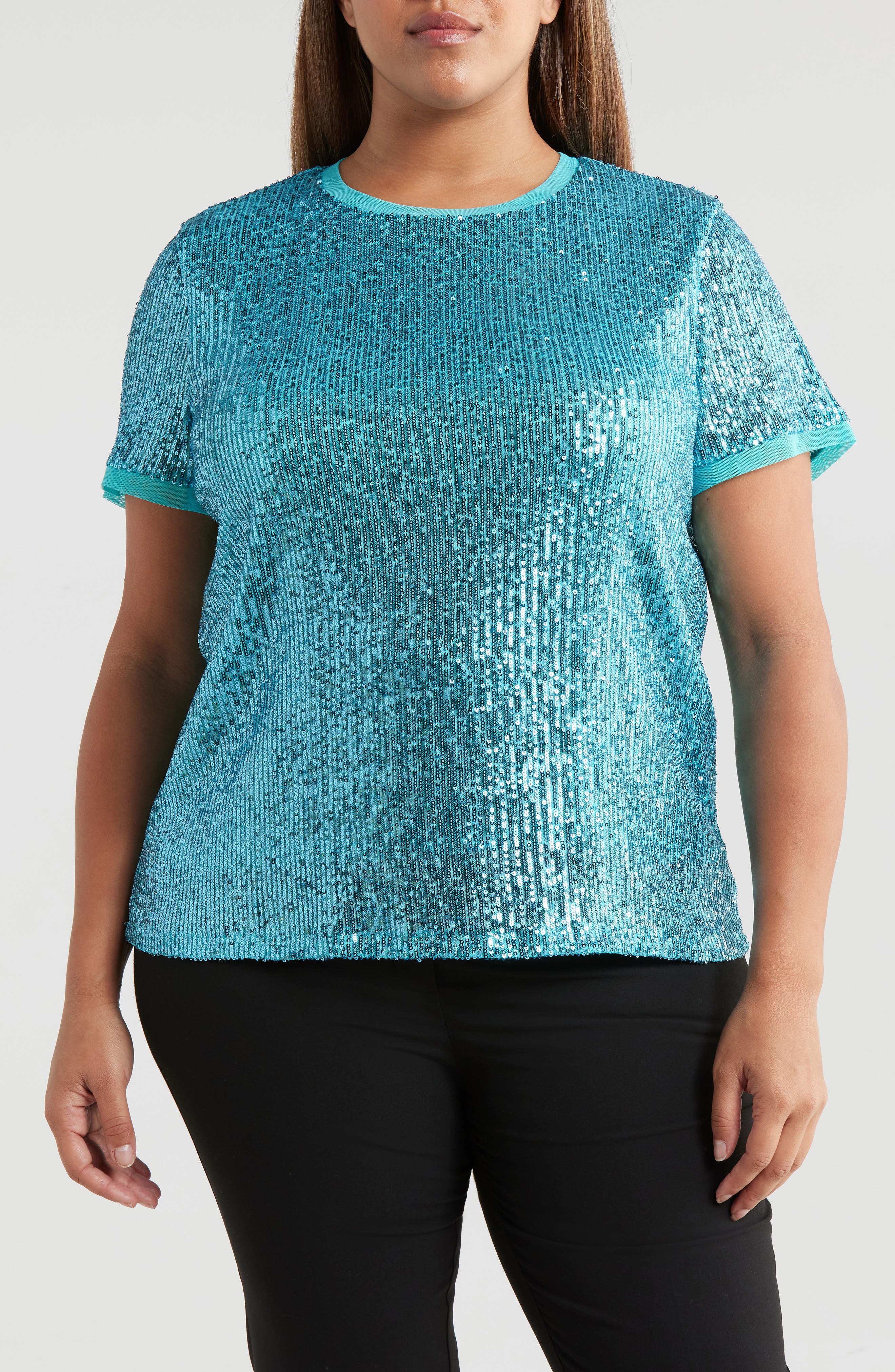 Anne Klein Mesh Trim Sequin Top in Pool Blue 