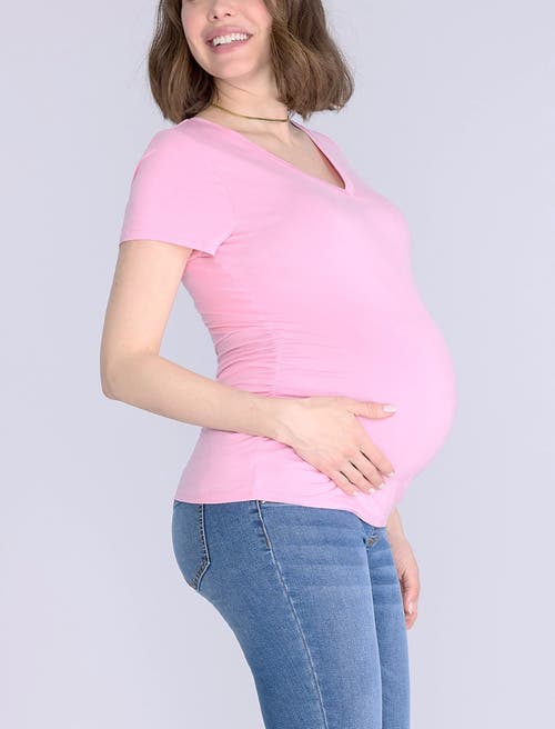 Motherhood Maternity V-neck Side-ruched Maternity Short Sleeve Tee In Pink