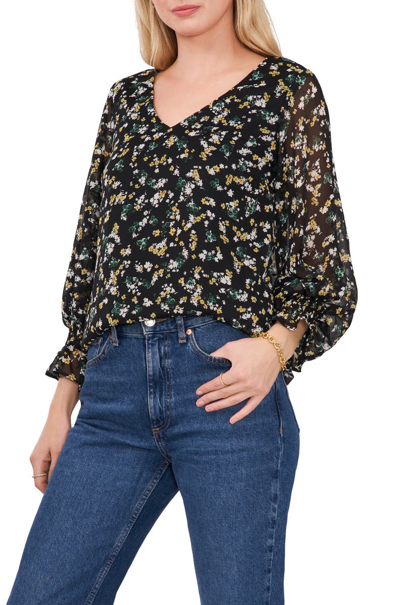 Chaus Floral Print V-Neck Chiffon Top, Main, color, Rich Black