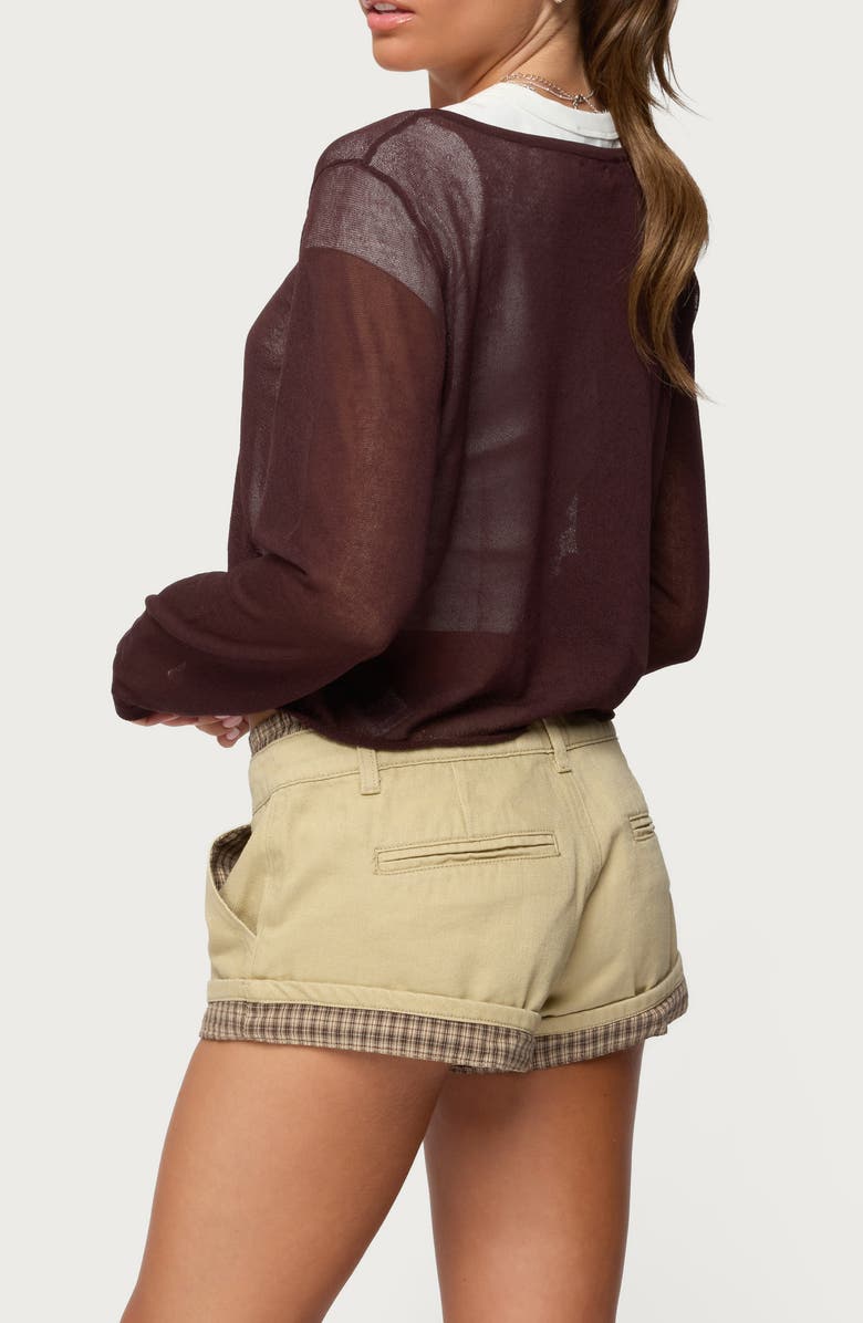 EDIKTED Kilian Sheer Knit Henley, Alternate, color, Brown