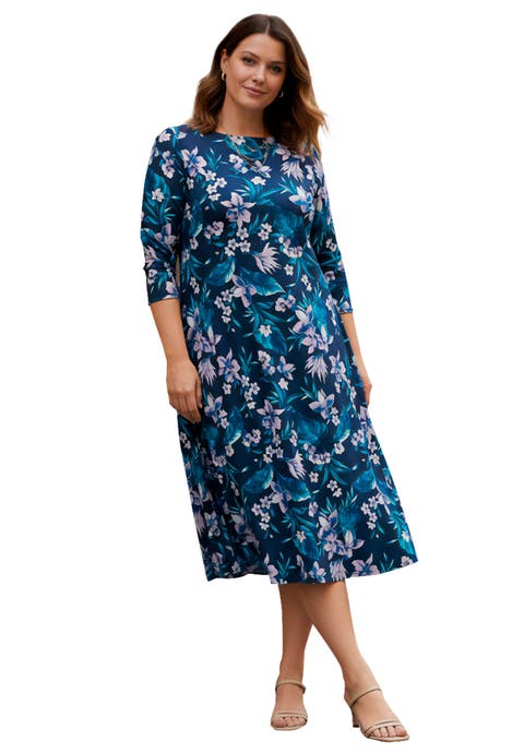 Plus Size 3/4 Sleeve Boatneck Swing Dress