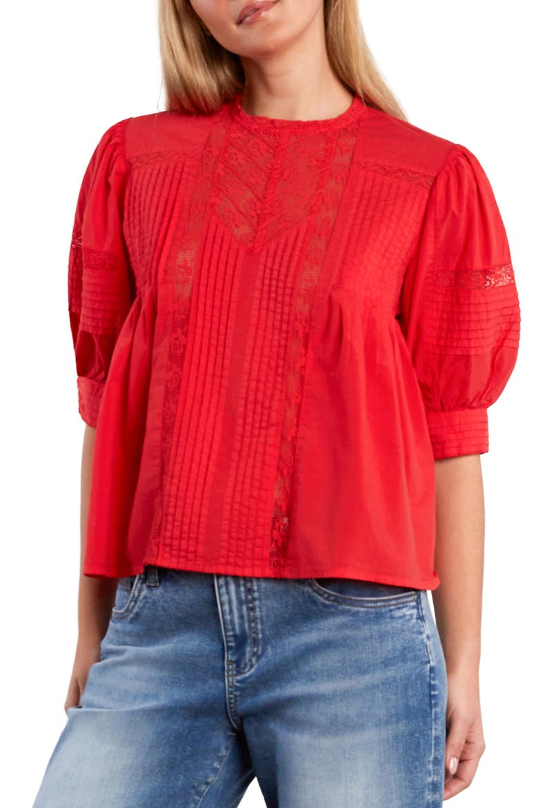 Charmalace Pintuck Lace Inset Cotton Blend Top, Main, color, POPPY RED