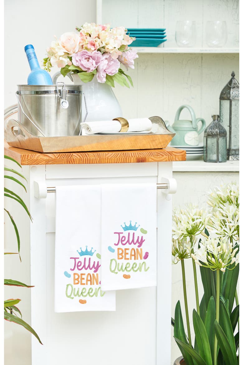 "Jelly Bean Queen" Easter Spring Funny Cute Pun Embroidered Cotton Flour Sack Kitchen Dishtowel, Alternate, color, White