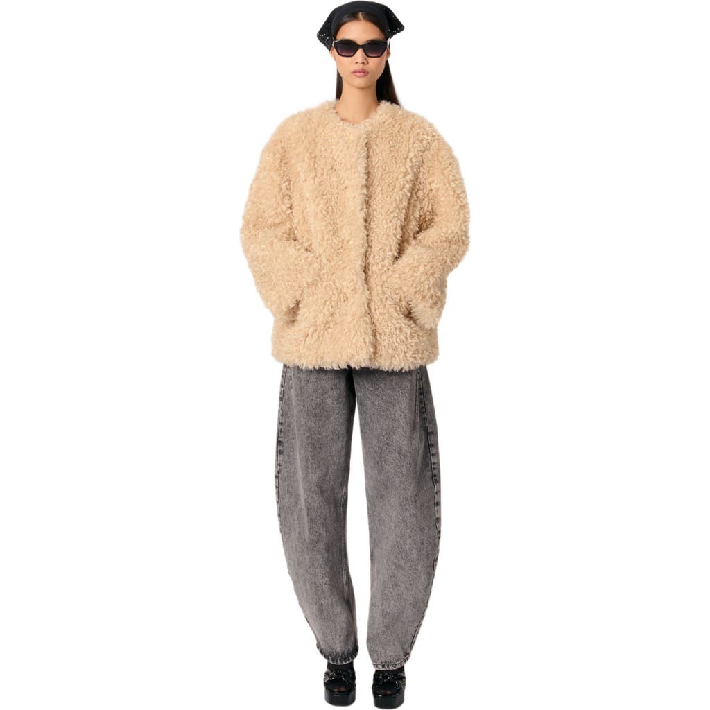 Maje Short Faux Fur Coat In Beige