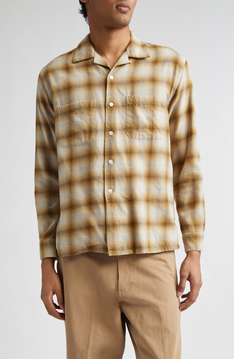 BEAMS Open Collar Ombré Check Brushed Flannel Button-Up Shirt, Main, color, Brown