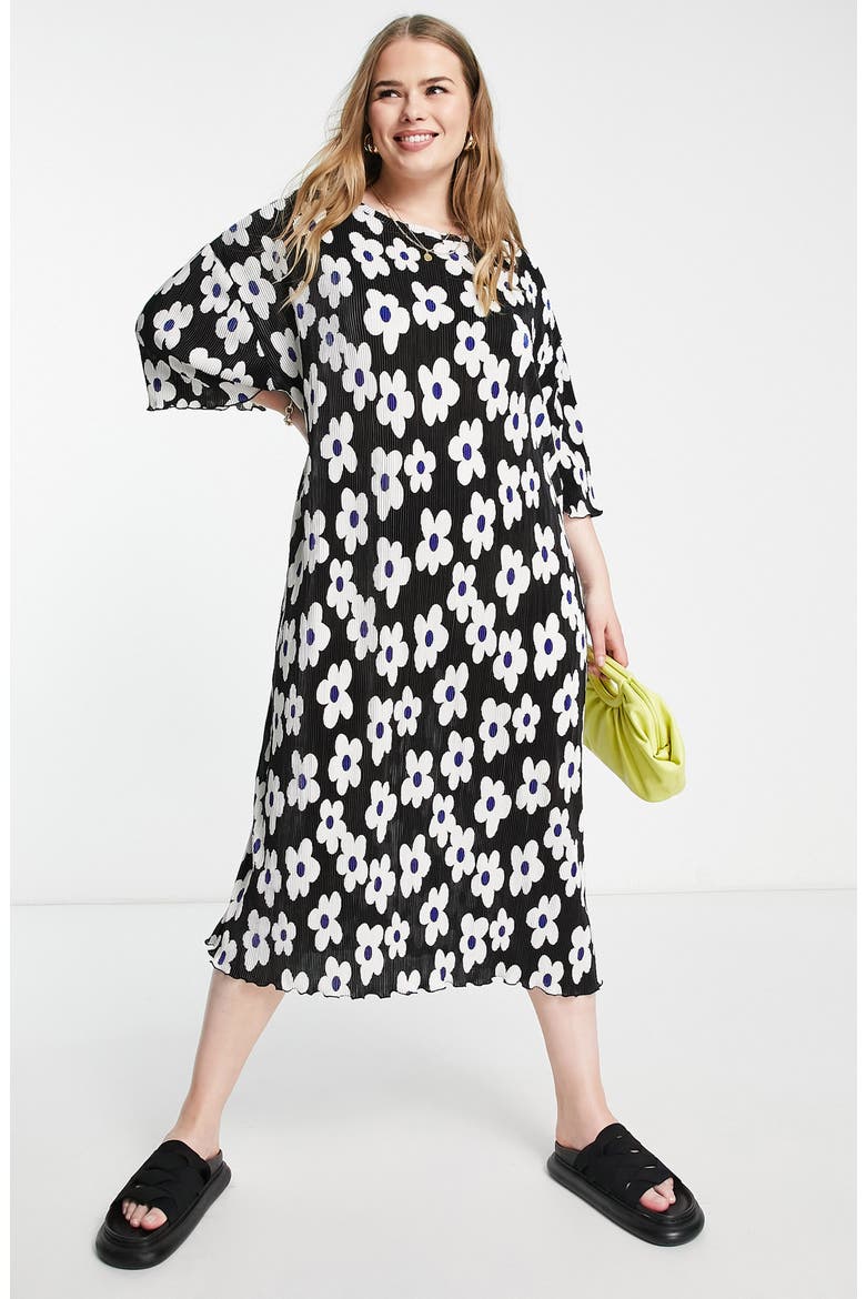 Curve Floral Plissé Midi Dress, Alternate, color, BLACK