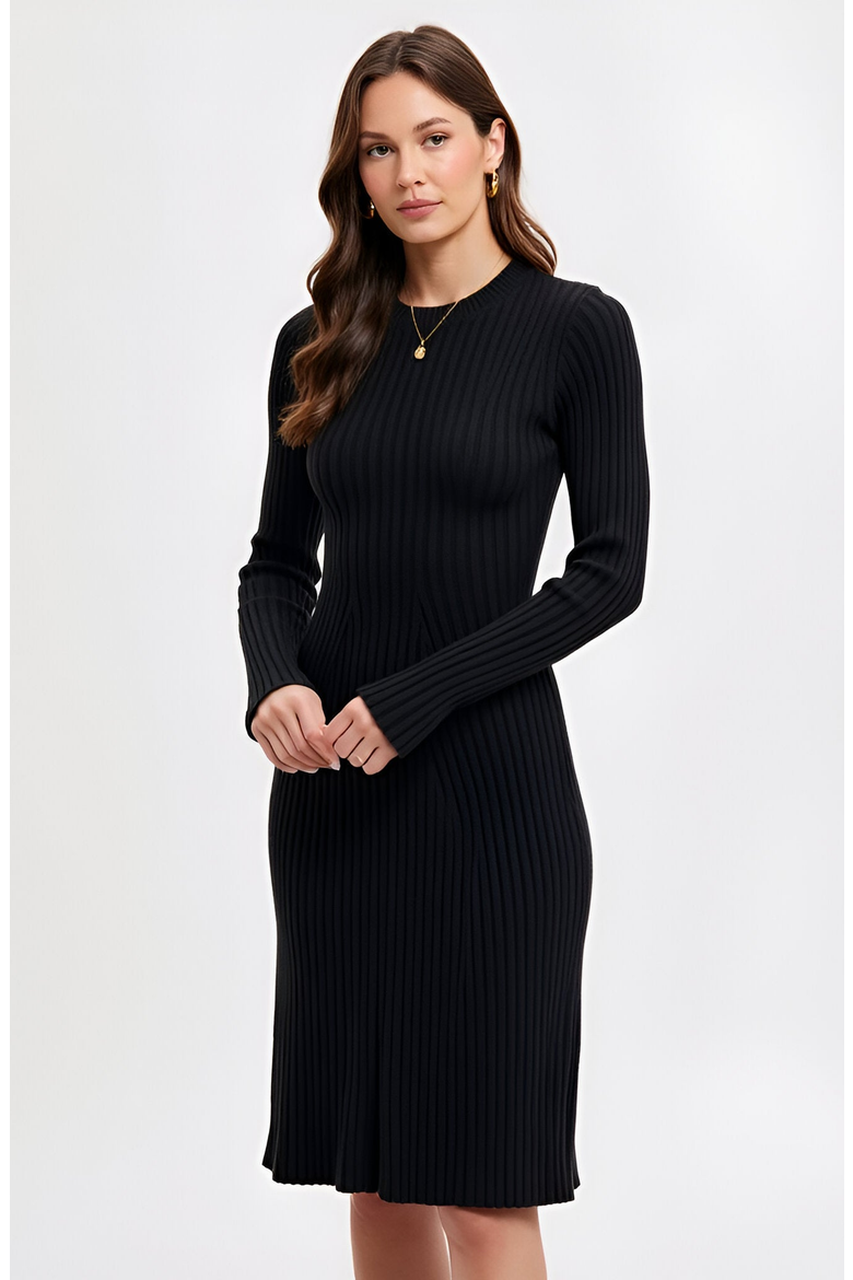 Ribbed Knit Long Sleeve Flared Hem Sweater Dress, Alternate, color, Black
