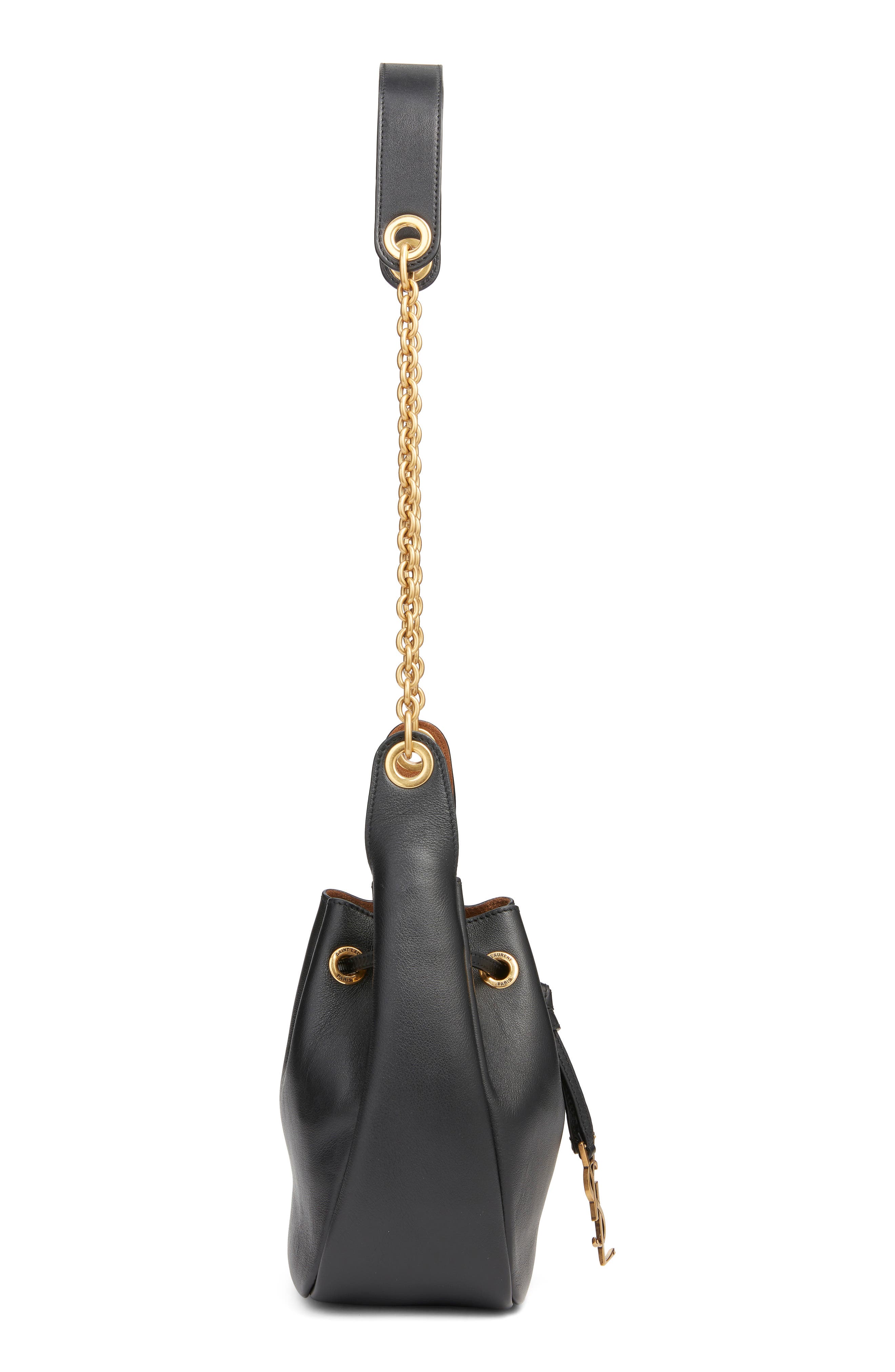 Saint Laurent Paris VII Leather Bucket Bag, Alternate, color, Noir/ Caramel Cognac