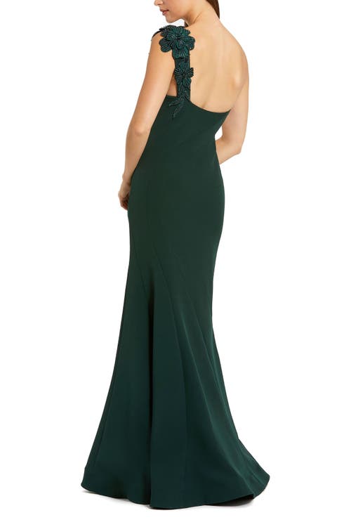 Mac Duggal Crepe One Shoulder Beaded Flower Mermaid Gown In Green