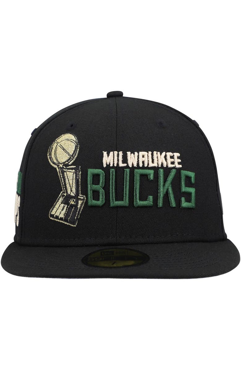 New Era Men's New Era Black Milwaukee Bucks Champs Trophy 59FIFTY Fitted Hat, Alternate, color, 