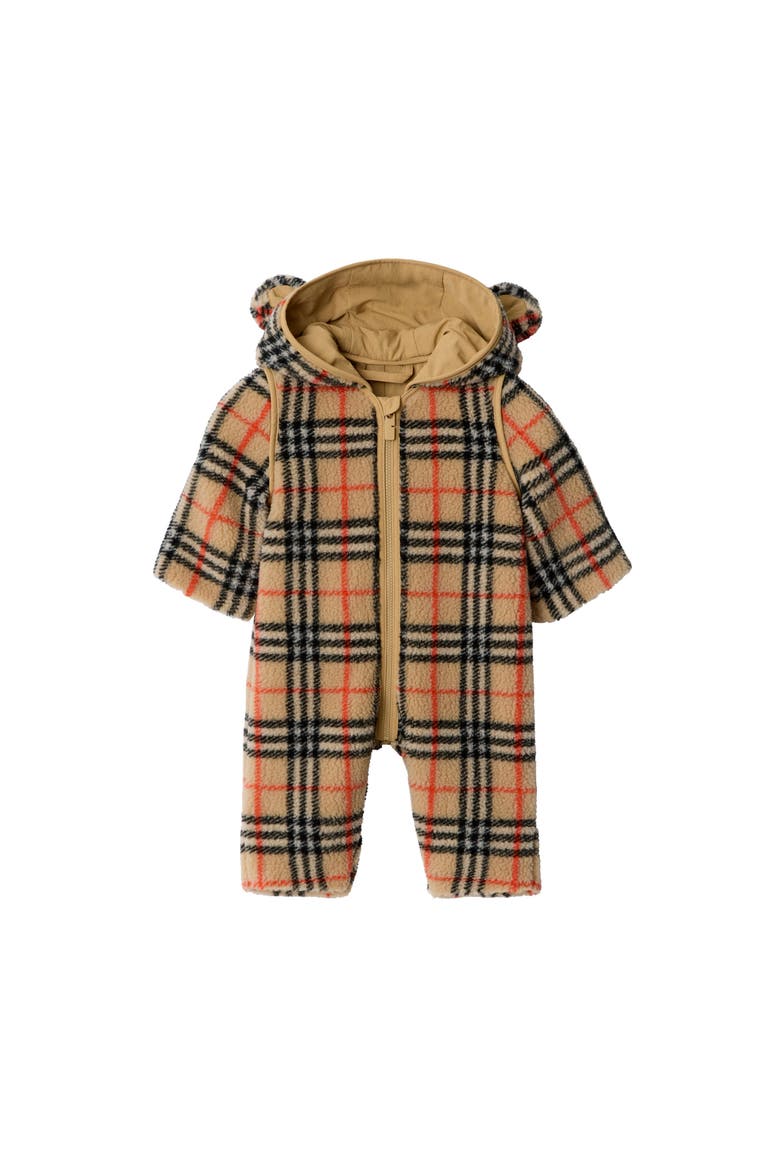 Check Fleece Hooded Jumpsuit, Main, color, Sand beige