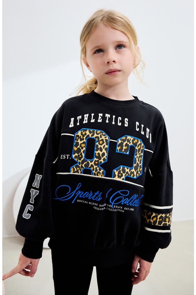 Kids' Leopard Print Varsity Sweatshirt, Alternate, color, BLACK