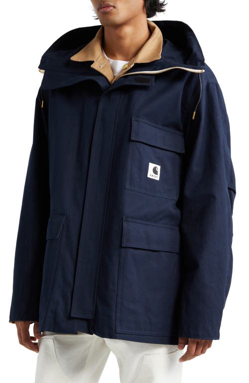 Sacai Carhartt Wip Reversible Cotton Canvas Coat In Beige/navy