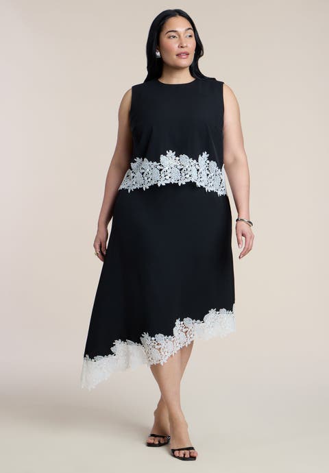 Asym Lace Trimmed Midi Skirt