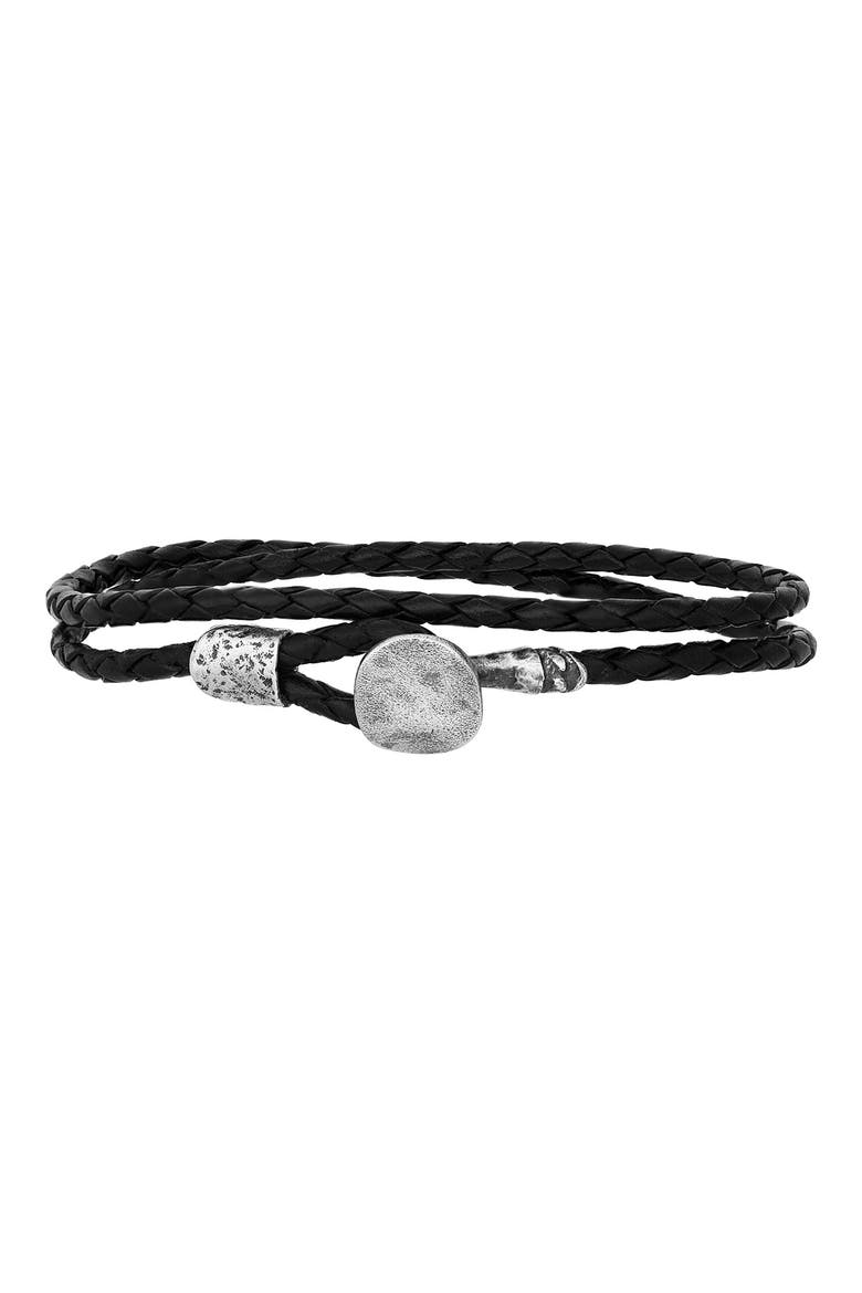 Rivet Sterling Silver Woven Leather Wrap Bracelet, Main, color, SILVER