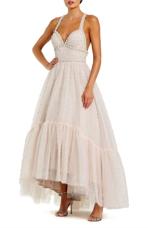 Pearl Beaded High Low Gown