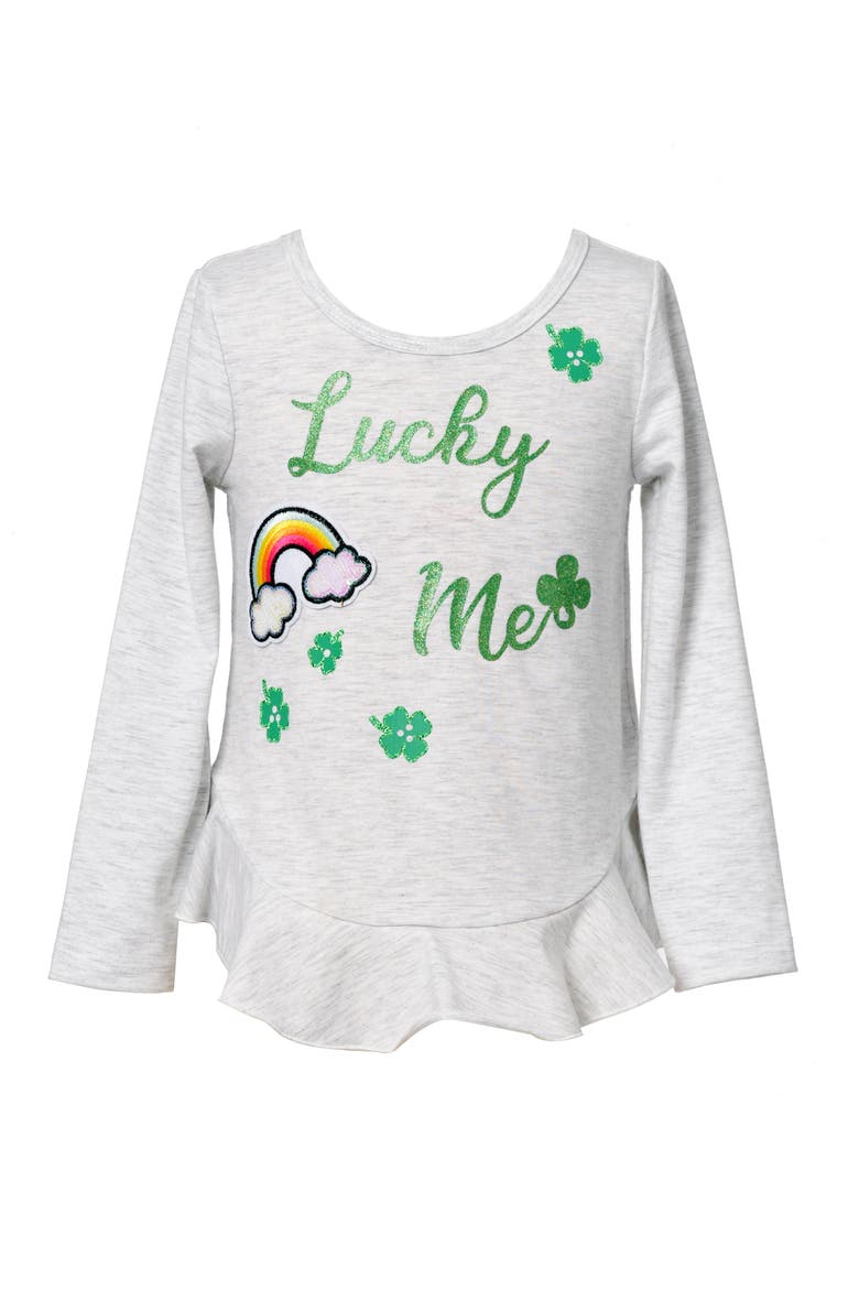 Kids' Lucky Me Embellished Graphic Peplum Top, Main, color, HEATHER GREY