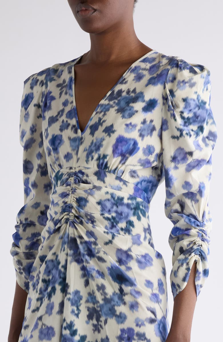 Isabel Marant Albini Print Ruched Sleeve Stretch Silk Dress, Alternate, color, Blue