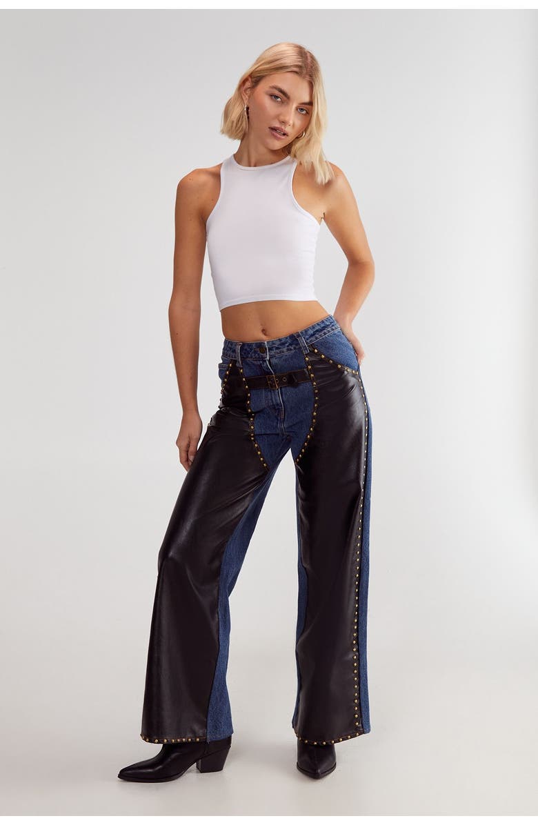 NASTY GAL Straight Leg Denim Pu Mix Chap Jeans, Alternate, color, Dark Wash