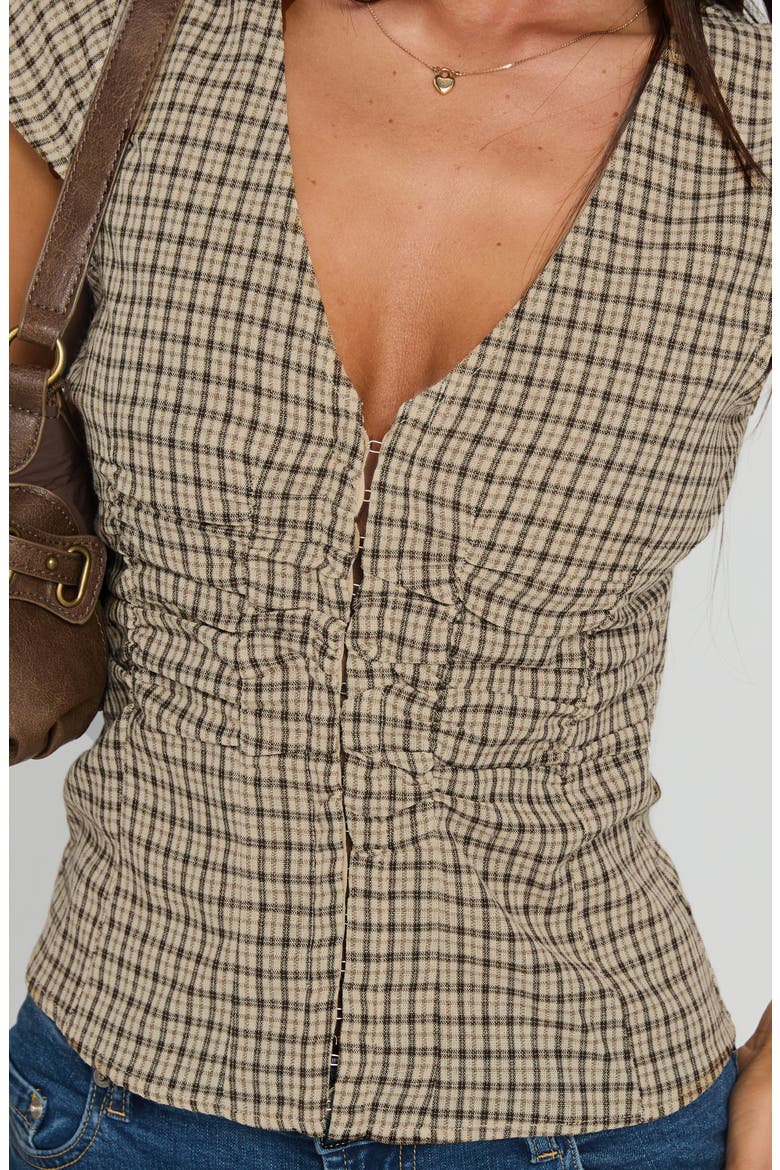 Ruched Corset Top, Alternate, color, BEIGE CHECK