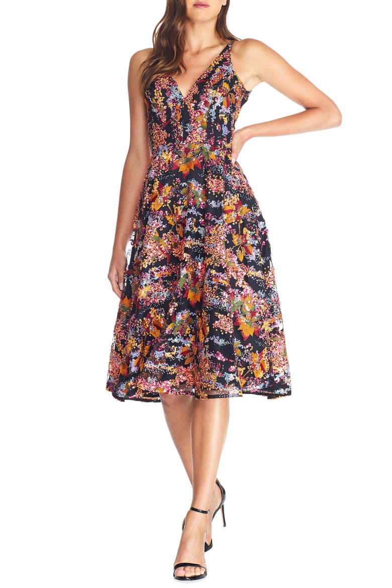Elisa Sequin Embellished Embroidered Fit & Flare Dress, Main, color, PAPAYA MULTI