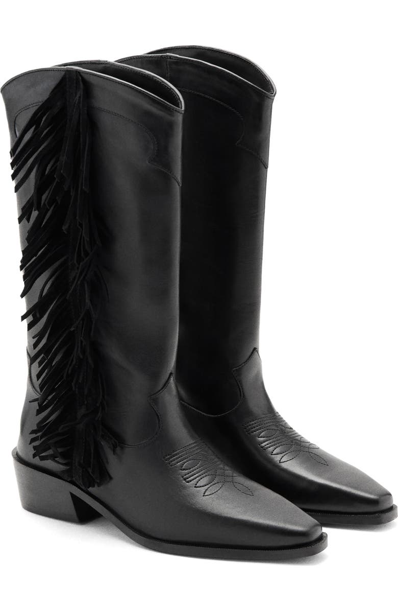 MANGO TEEN Fringe Western Boot, Main, color, Black