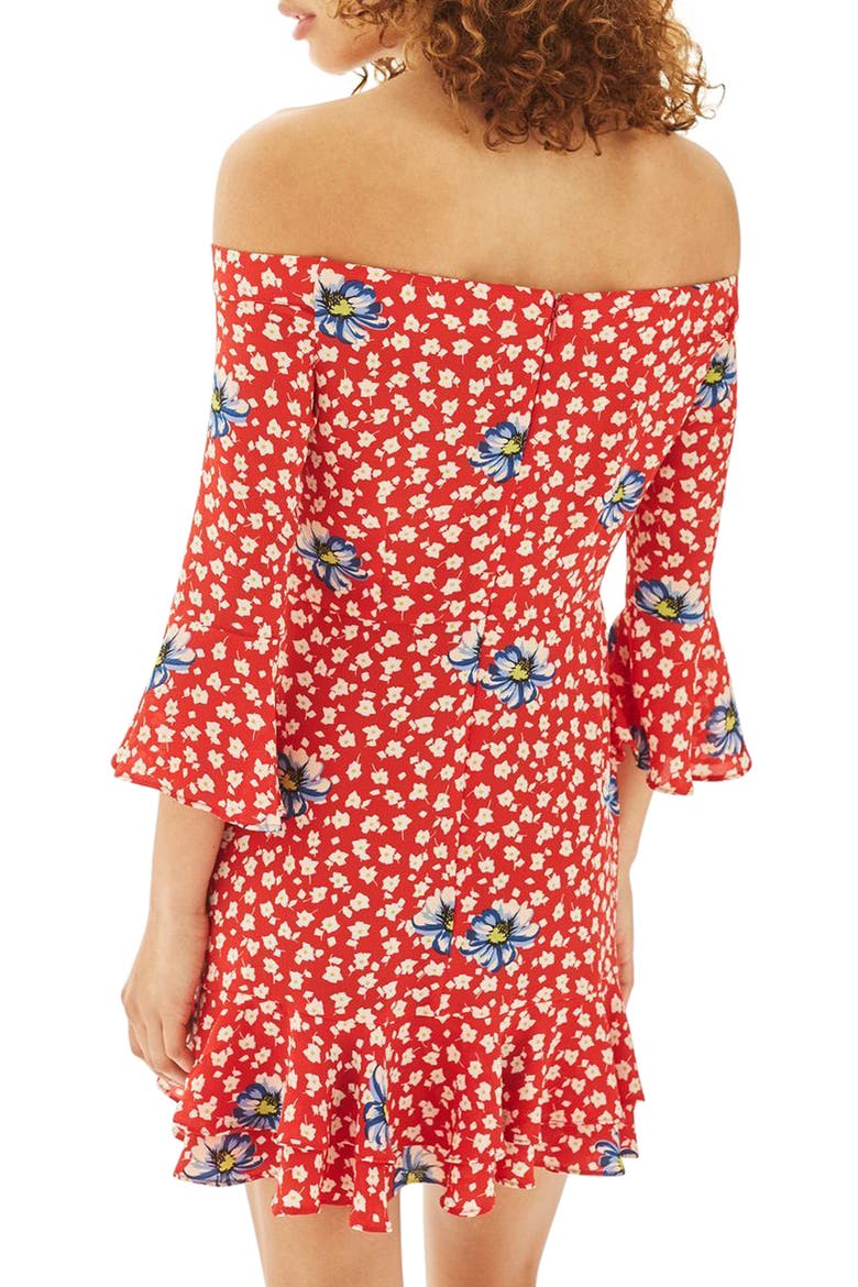 Bardot Floral Ruffle Dress, Alternate, color, RED MULTI