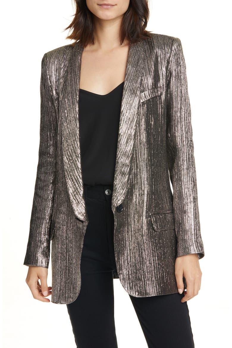 Long Shawl Collar Metallic Blazer, Main, color, PEWTER LAME