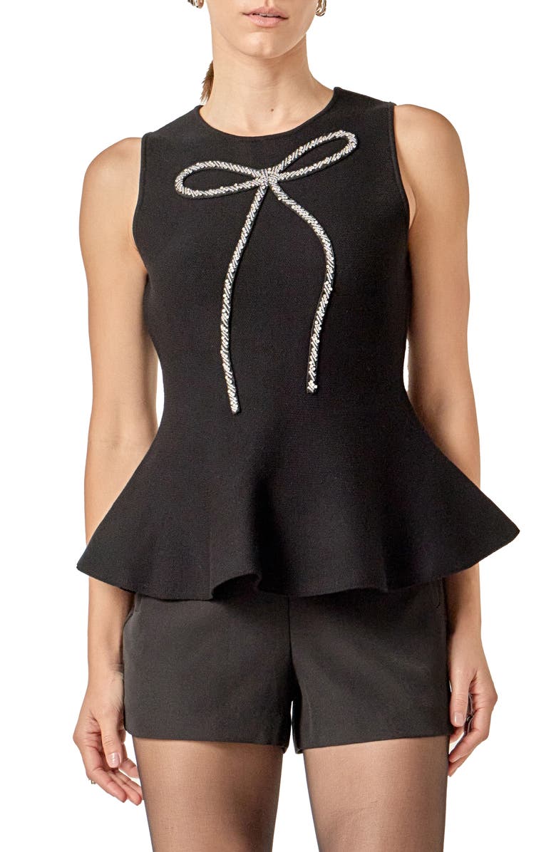 English Factory Rhinestone Bow Sleeveless Peplum Top, Main, color, Black