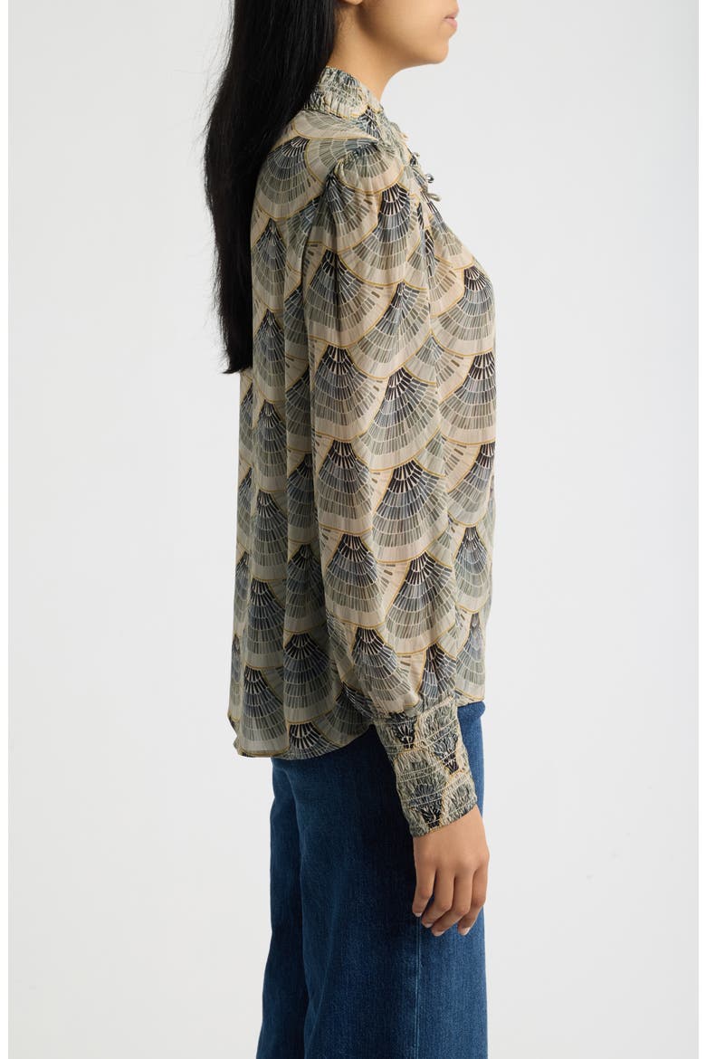 Print Smocked Cuff Long Sleeve Top, Alternate, color, GILDED CHARCOAL