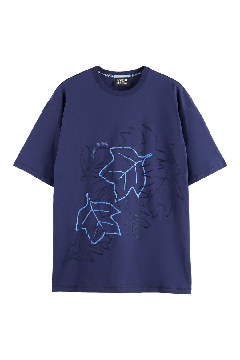 Loose Fit Leaf Embroidered Cotton T-Shirt, Alternate, color, PEACOAT