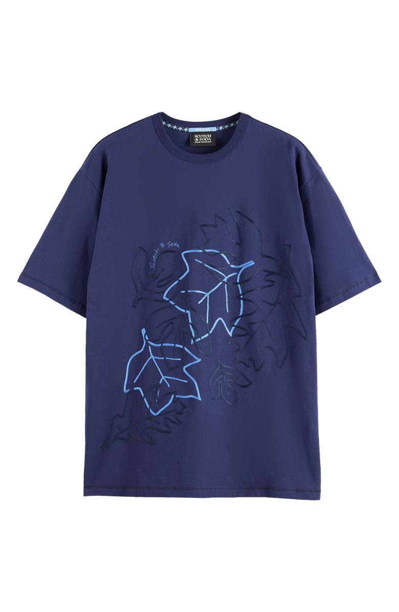 Scotch & Soda Loose Fit Leaf Embroidered Cotton T-Shirt, Alternate, color, Peacoat