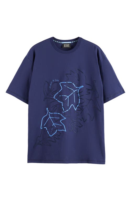 Scotch & Soda Loose Fit Leaf Embroidered Cotton T-shirt In Blue