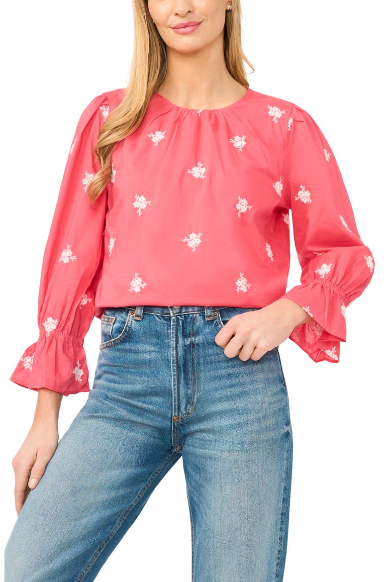 Embroidered Ruffle Sleeve Top, Main, color, CLARET RED