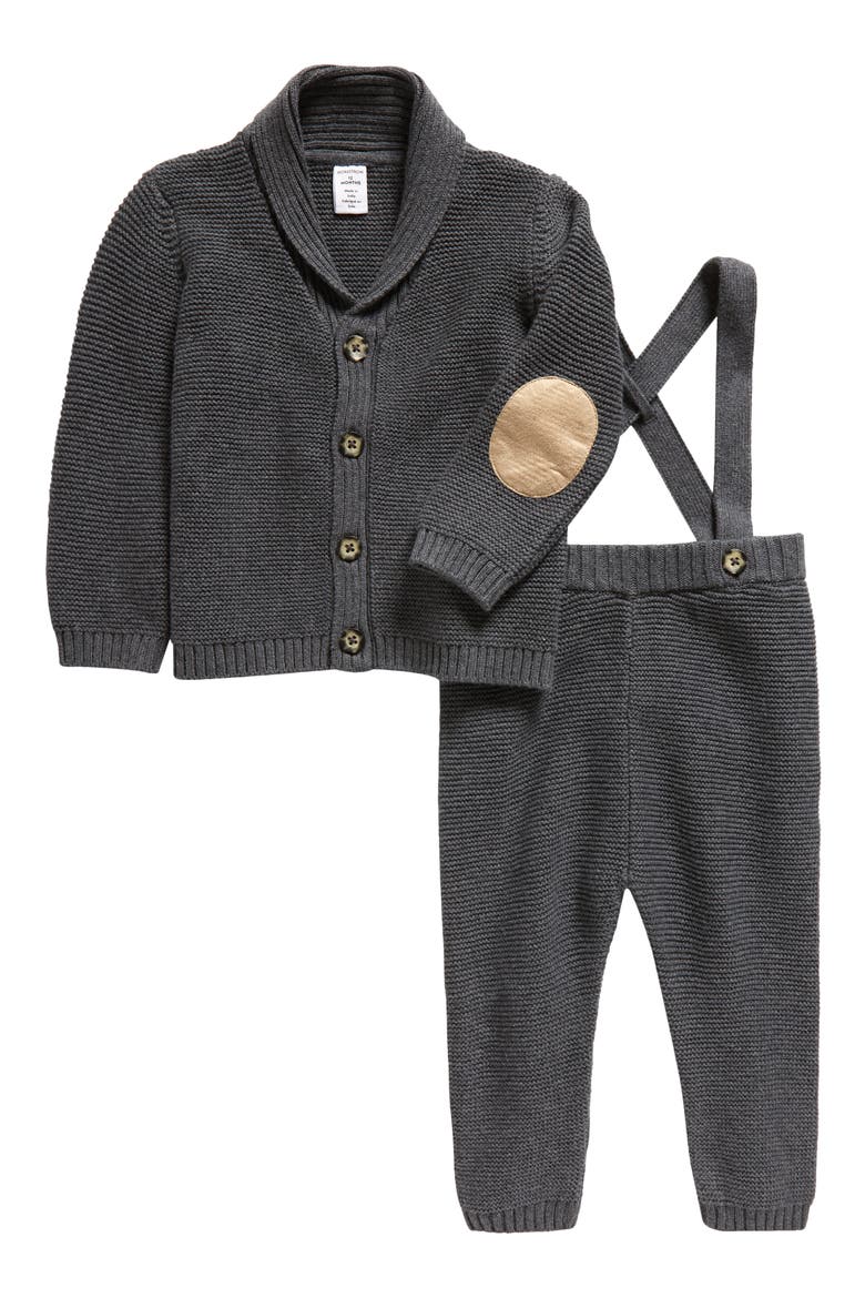 Knit Cotton Cardigan & Suspender Pants Set, Main, color, GREY MEDIUM CHARCOAL HEATHER