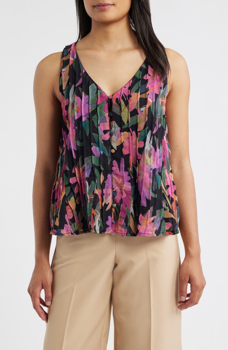 Vince Camuto Print Pleated Tank, Main, color, Rich Black