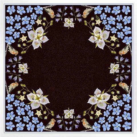 100% Silk Scarf Black Gentian - Floral Bird Design