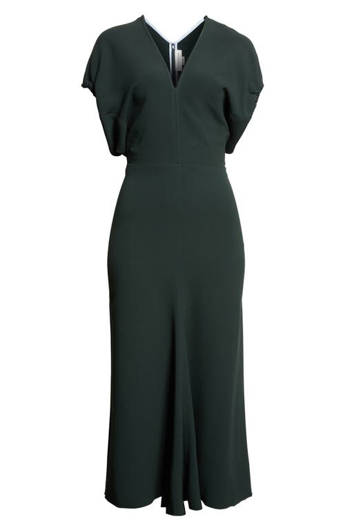 Victoria Beckham Green Midi Dress With Ruched Sleeves And V Neck In Black