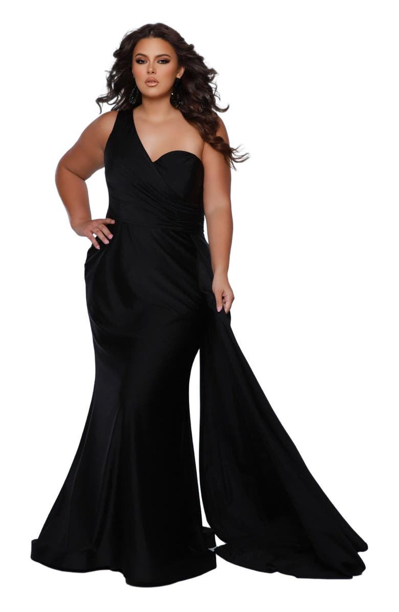 Sydney's Closet Simple One Shoulder Fitted Plus Size Formal Dress with Cape, Main, color,