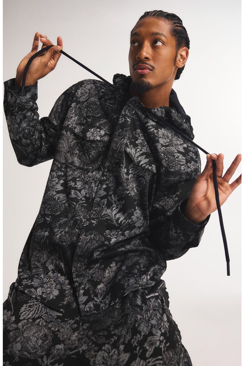 Bold Bloom Hooded Snap-Up Shirt, Alternate, color, BLACK CAVIAR