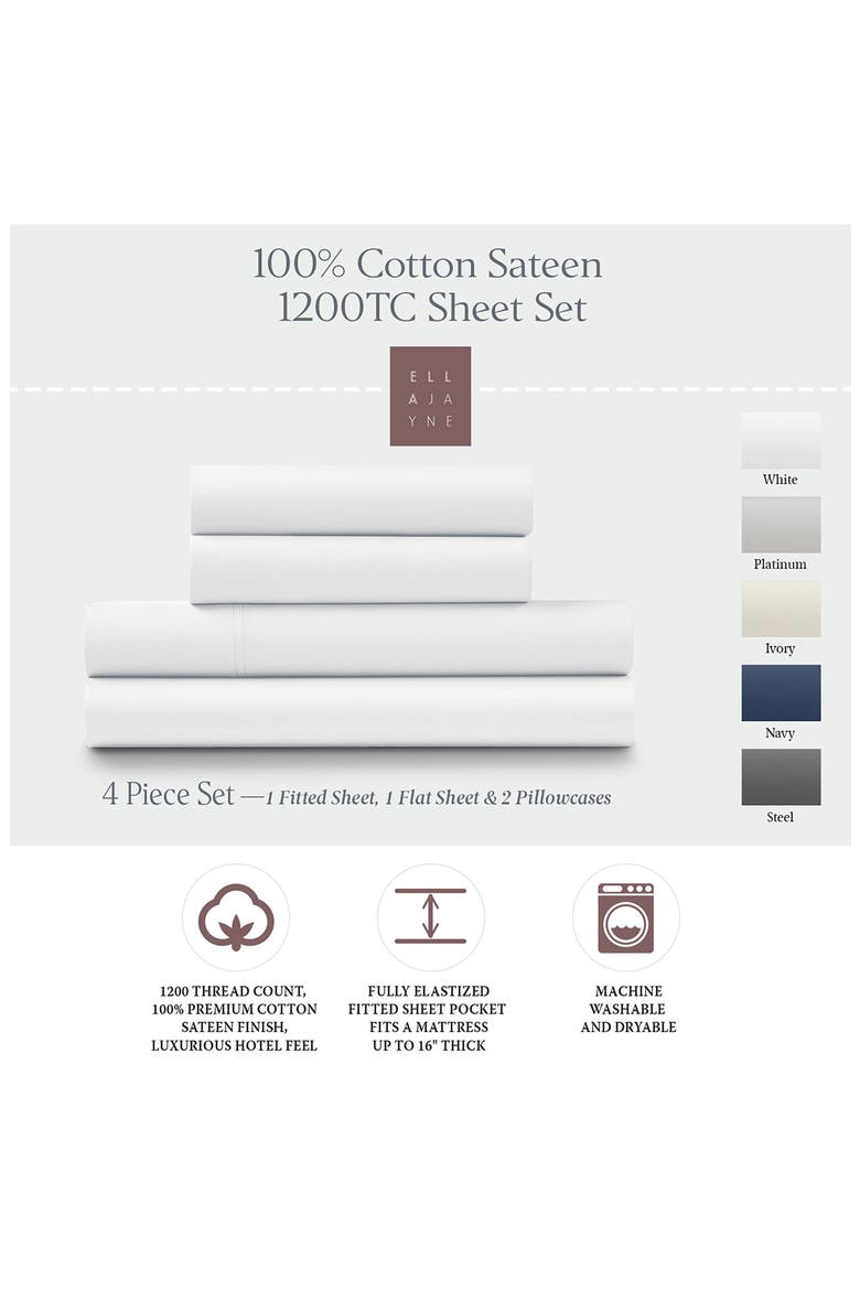 1200 Thread Count Cotton Sateen 4-Piece Sheet Set, Alternate, color, WHITE